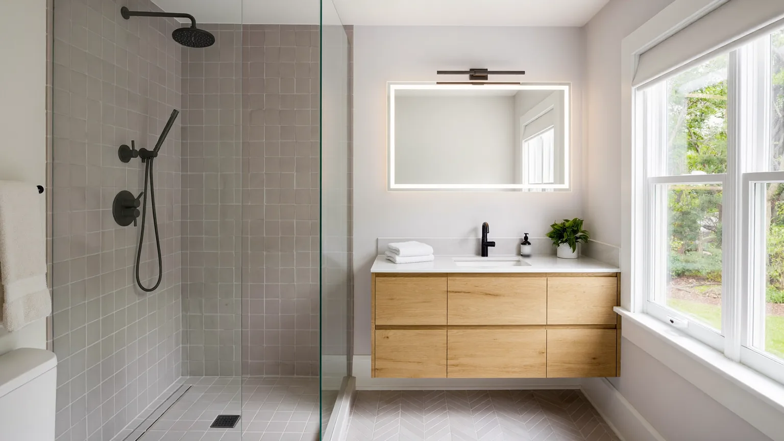 Bathroom remodeling Broomall PA - bright modern bathroom with walk-in tiled shower and floating vanity