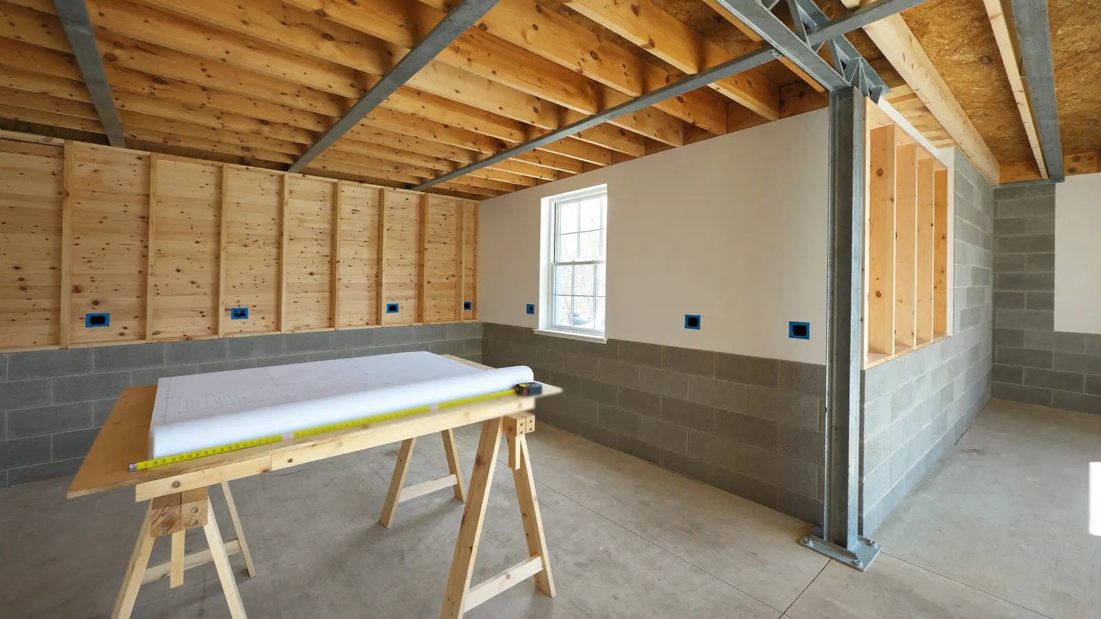 Permit to finish basement plans on a sawhorse in a partly framed Pennsylvania basement