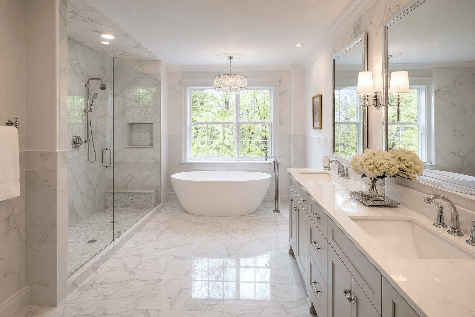Bathroom remodeling Malvern PA — elegant master bathroom with soaker tub and double vanity by Harlan Contracting