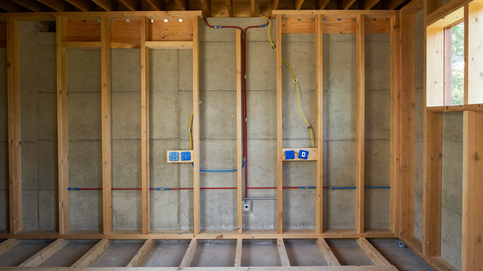 Basement stud wall at rough-in with wiring and plumbing before insulation
